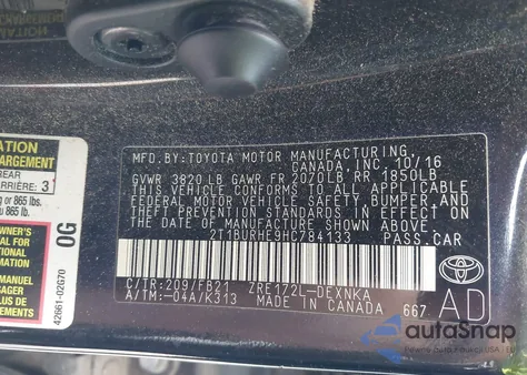 2017 Toyota Corolla Le из США, поврежденный, VIN 2T1BURHE9HC784133